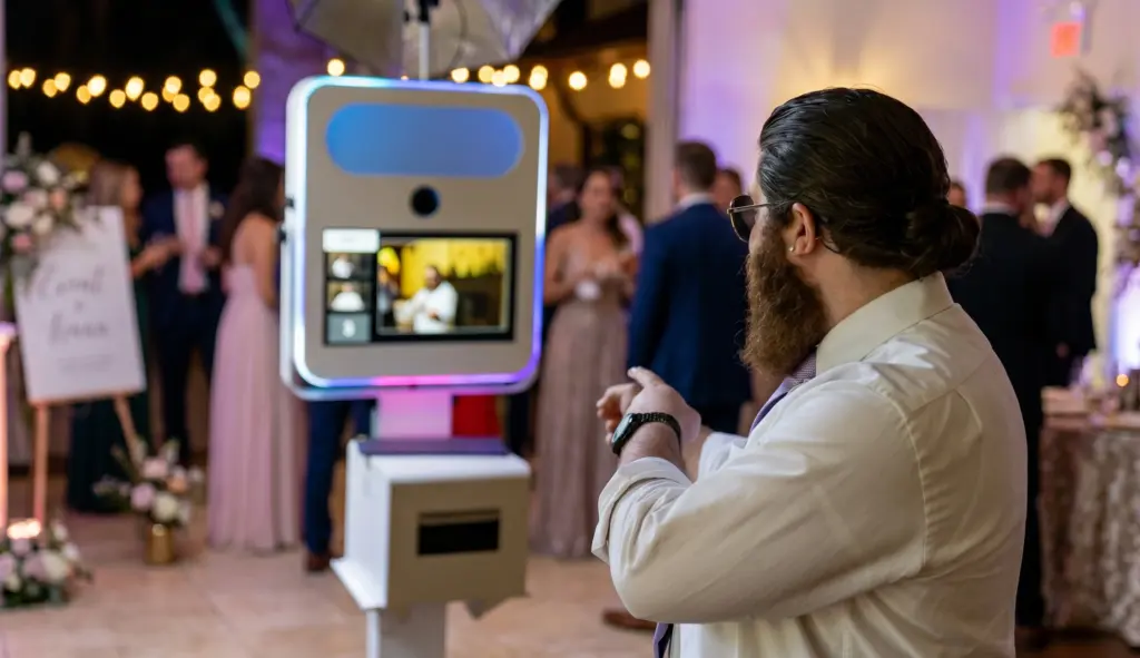 Photo guest interacting with white photo booth