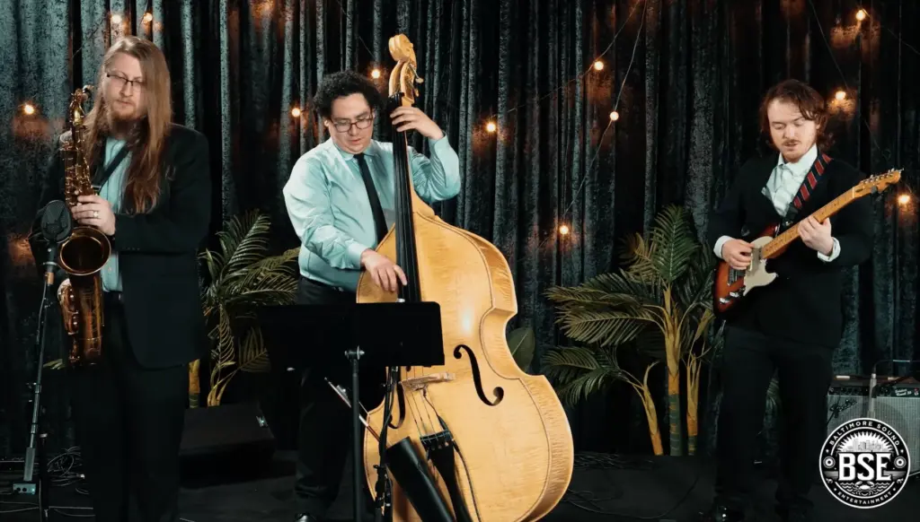 Photo of a man playing the saxophone another playing a cello and one on a guitar performing as a live band at an event.