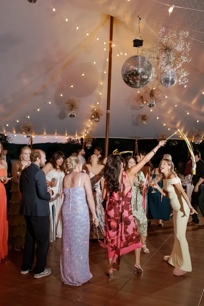 photo event production services with disco balls and tent lighting
