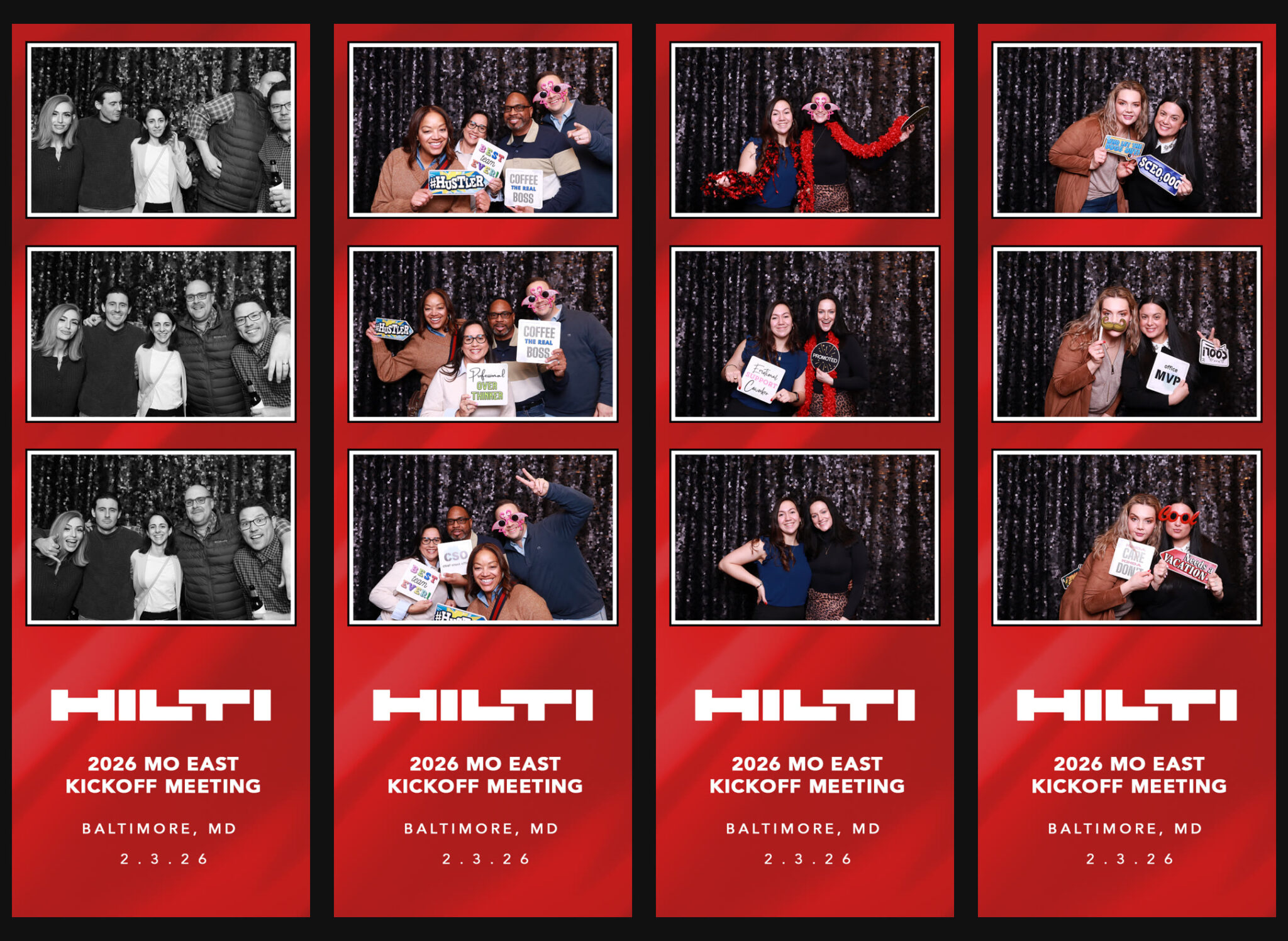 Four Hilti-branded photo booth strips from the 2026 MO East Kickoff Meeting