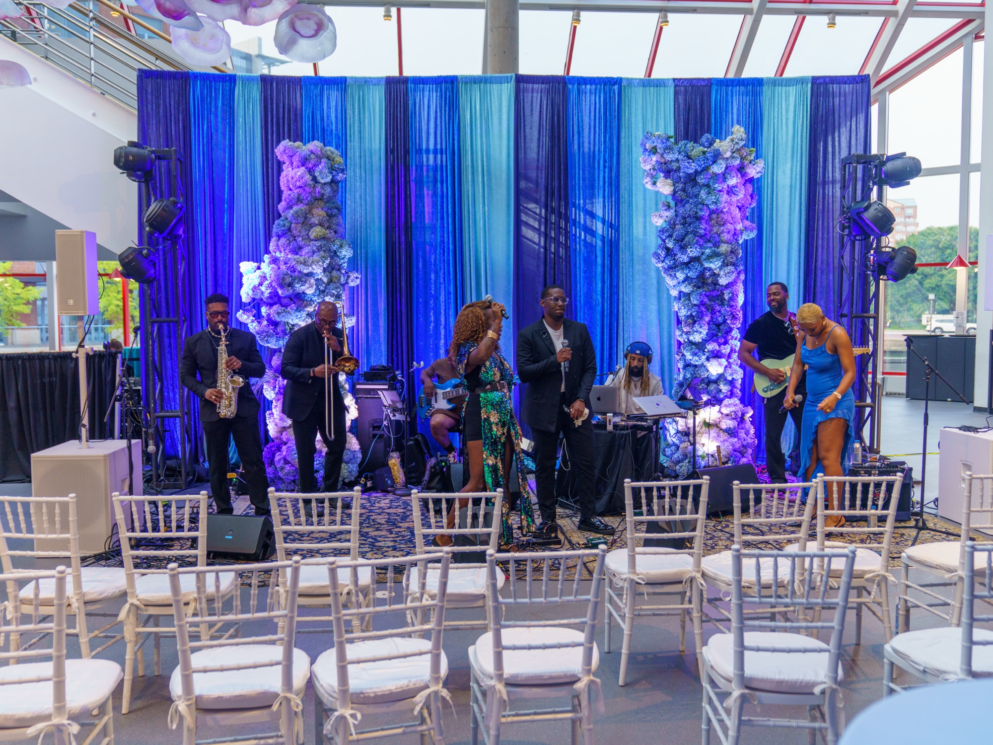 A live band on stage at National Aquarium Voyages