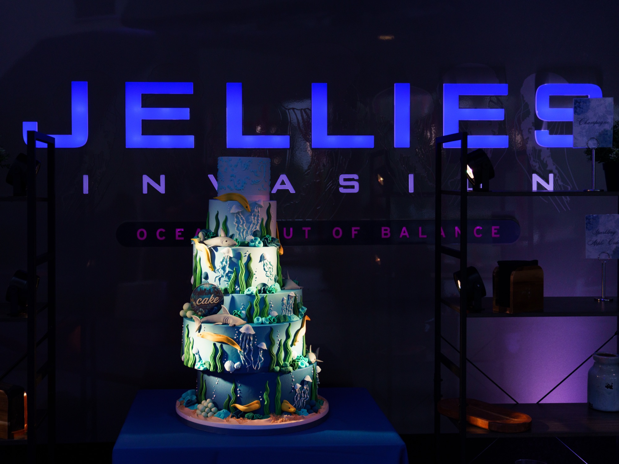 Jellies Invasion themed cake lit on stage at Voyages